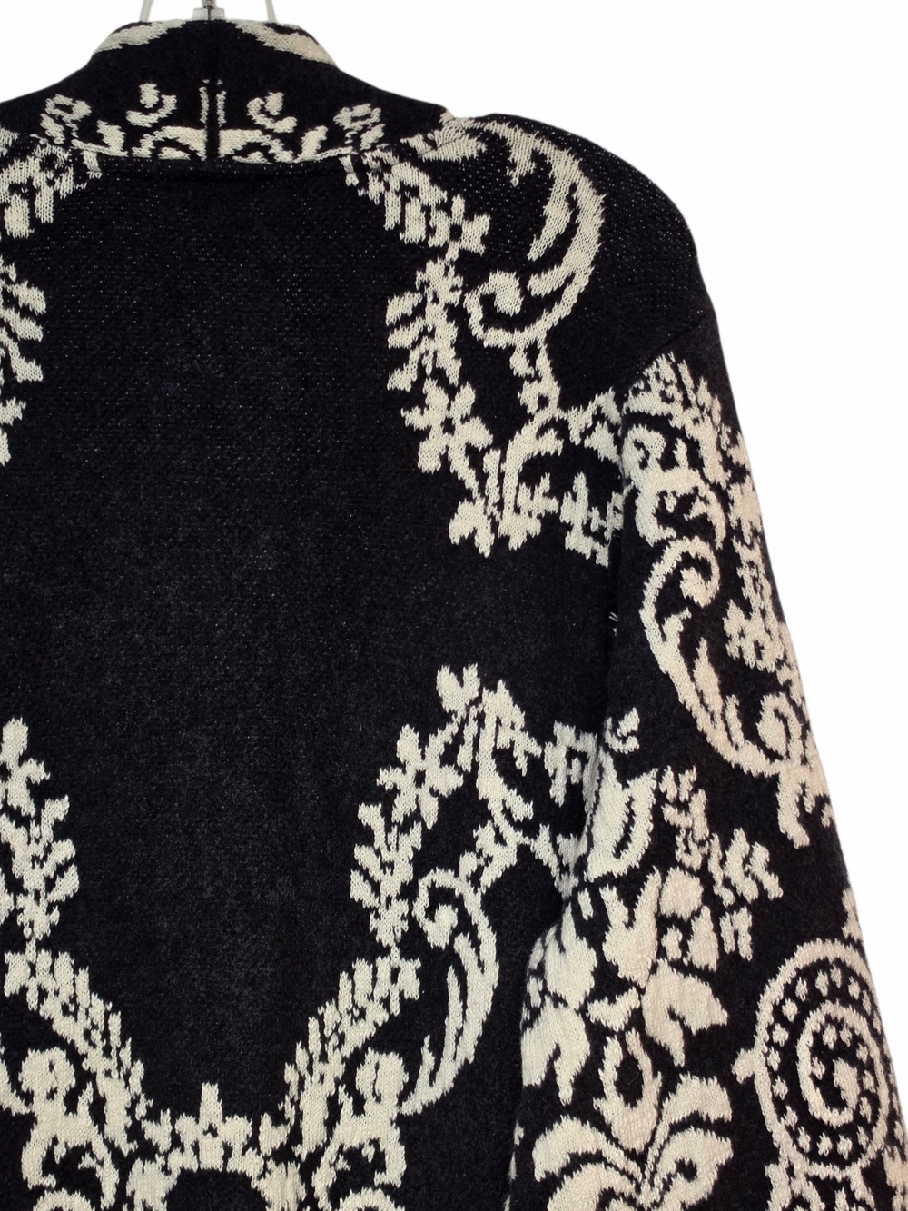 J.Jill Black Cream Paisley Jacquard Longline Open Front Cardigan Sweater M - Picture 12 of 14